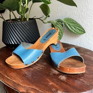 Vintage ‘glass’ wooden kitten heel clogs. Ladies size 6 1/2. Made in Brazil.